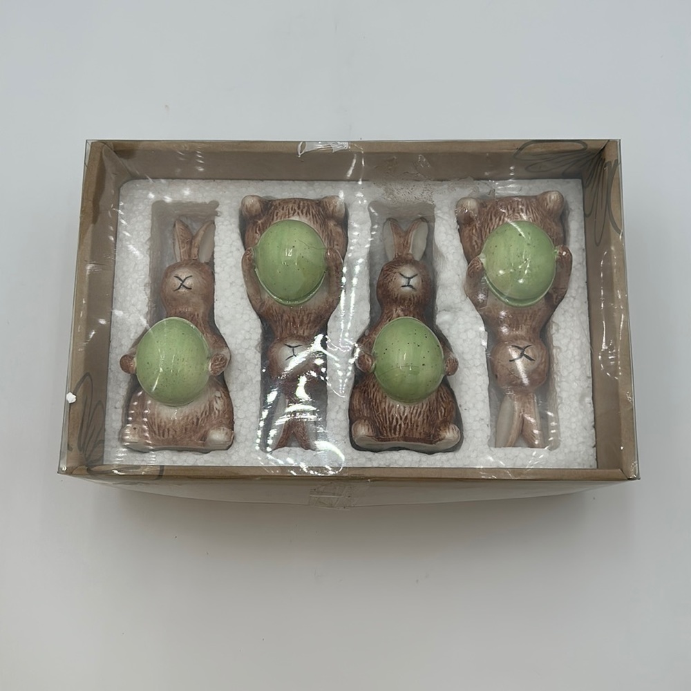 PORCELAIN BUNNY RABBIT MENU CARD HOLDER FIGURINE SET 4